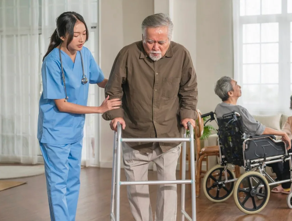 A nurse supporting a man using a walking frame.